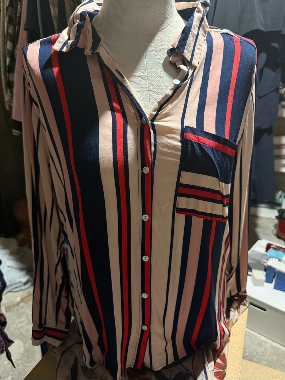 Zac & Rachel Striped Button-Front Shirt in Pink, Navy & Red